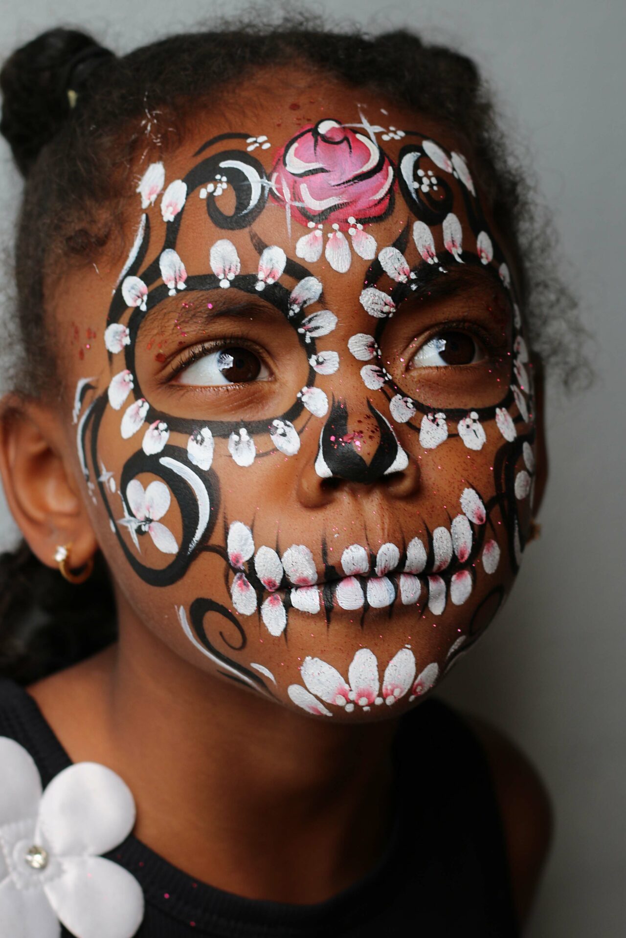 Photo du maquillage du Squelette Dias Muertos, modèle proposé durant la formation de face painting (maquillage enfant) spéciale Halloween les 20 et 21 octobre 2025 à Melun