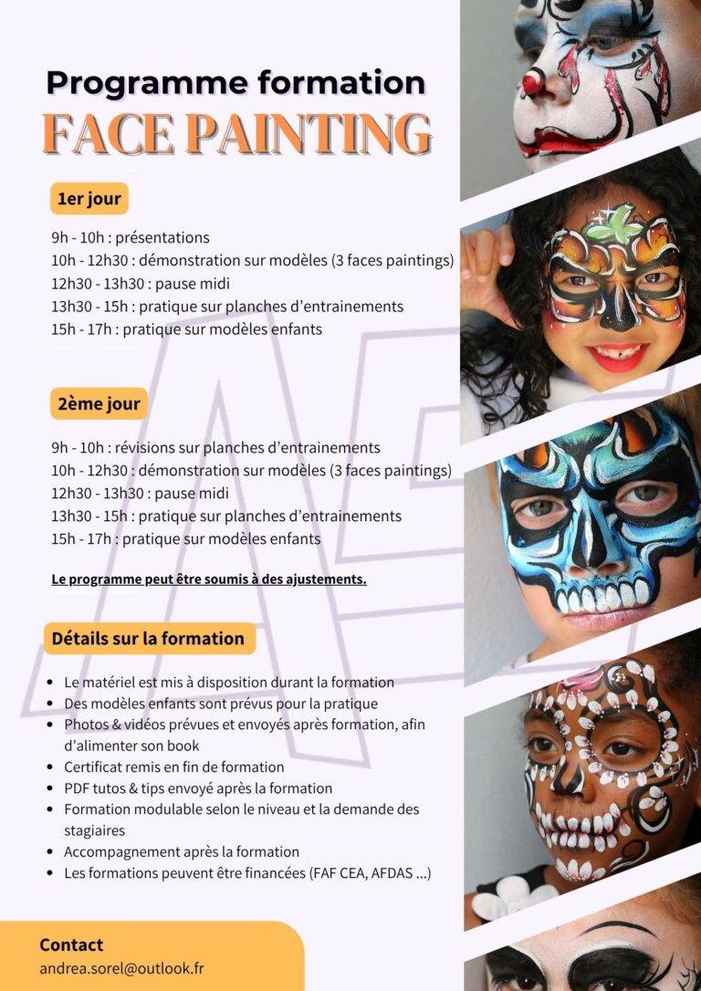Programme détaillé de la formation de face painting sur le thème Halloween qui aura lieu les 20 et 21 octobre 2025 à Melun 77