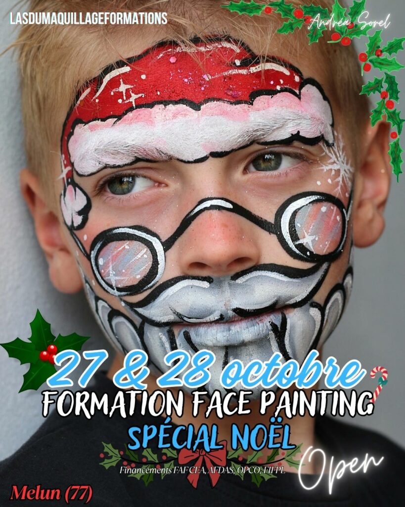 Présentation de la formation de face painting sur le thème de Noël qui aura lieu les 27 et 28 octobre 2025 à Melun 77