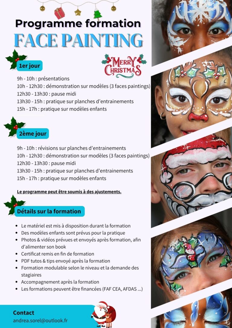 Programme détaillé de la formation de face painting sur le thème Halloween qui aura lieu les 20 et 21 octobre 2025 à Melun 77