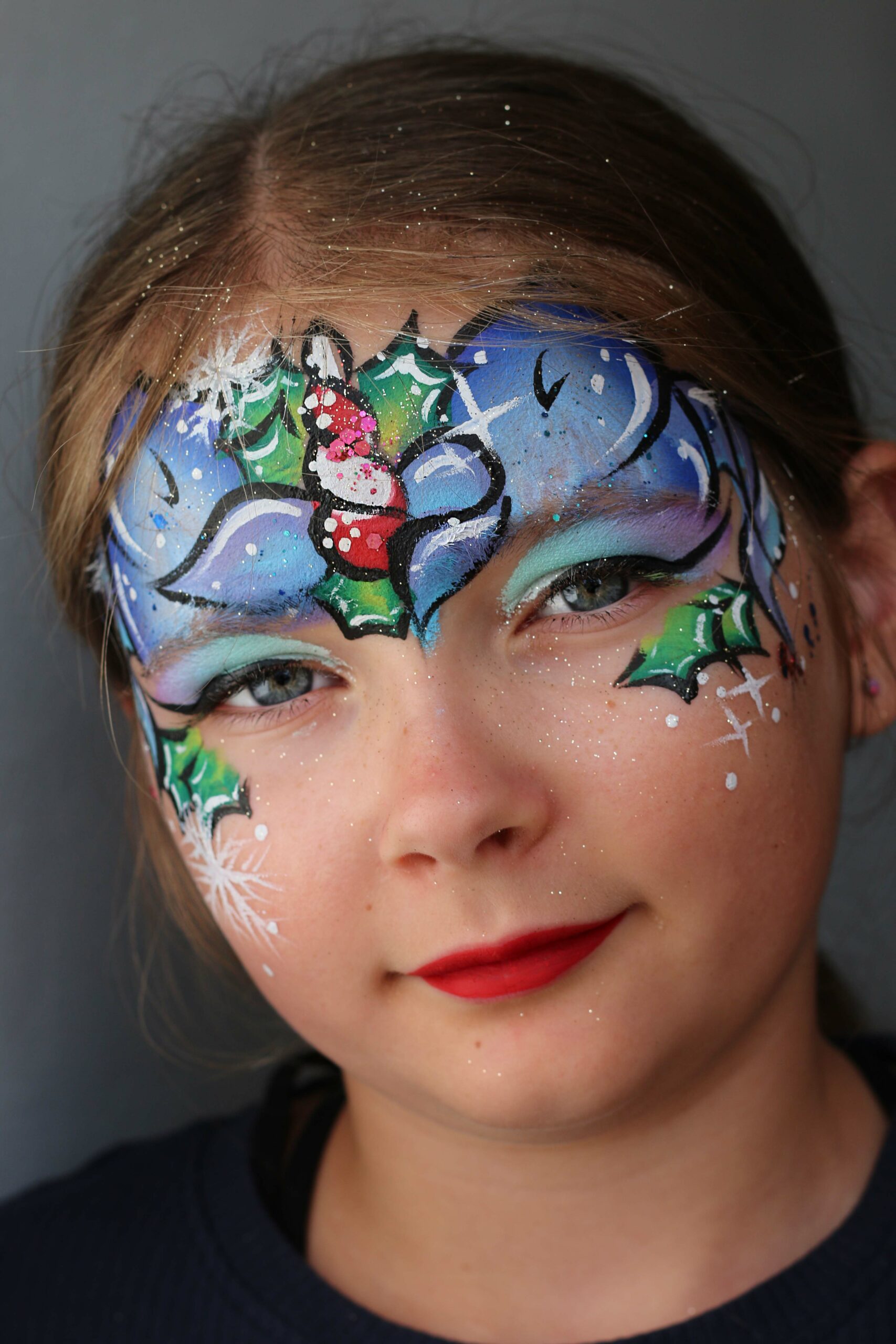 Photo du maquillage de la licorne de Noël, modèle proposé durant la formation de face painting (maquillage enfant) spéciale Noël les 27 et 28 octobre 2025 à Melun