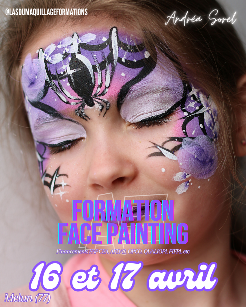 Présentation de la formation de face painting de 2 jours à Melun (77) en Ile de France, finançable via l'OPCO, l'AFDAS, le FAF CEA etc