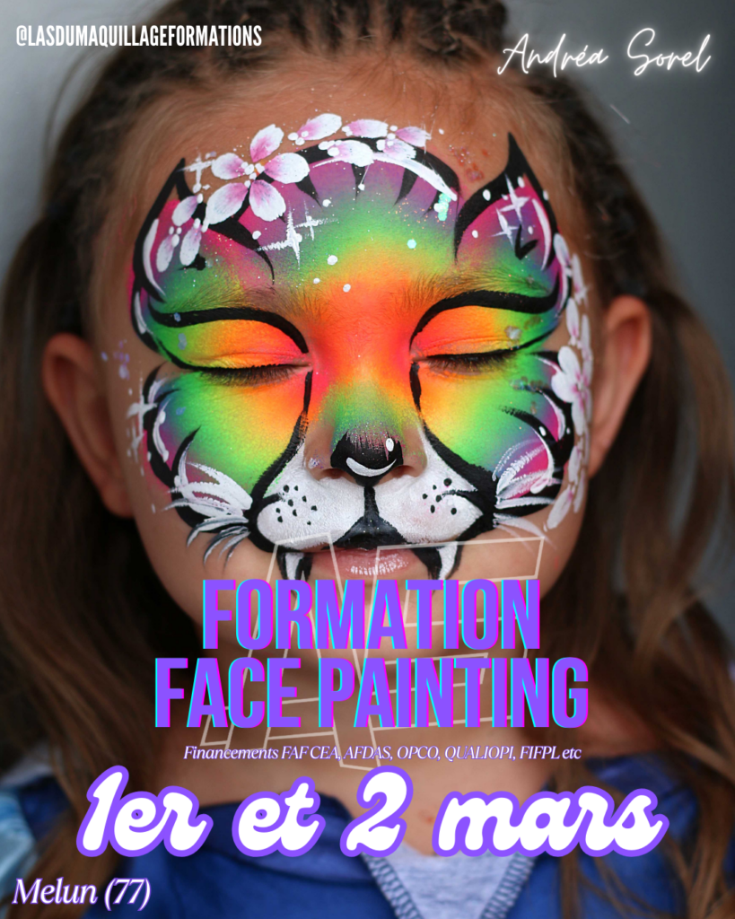 Présentation de la formation de face painting de 2 jours à Melun (77) en Ile de France, finançable via l'OPCO, l'AFDAS, le FAF CEA etc