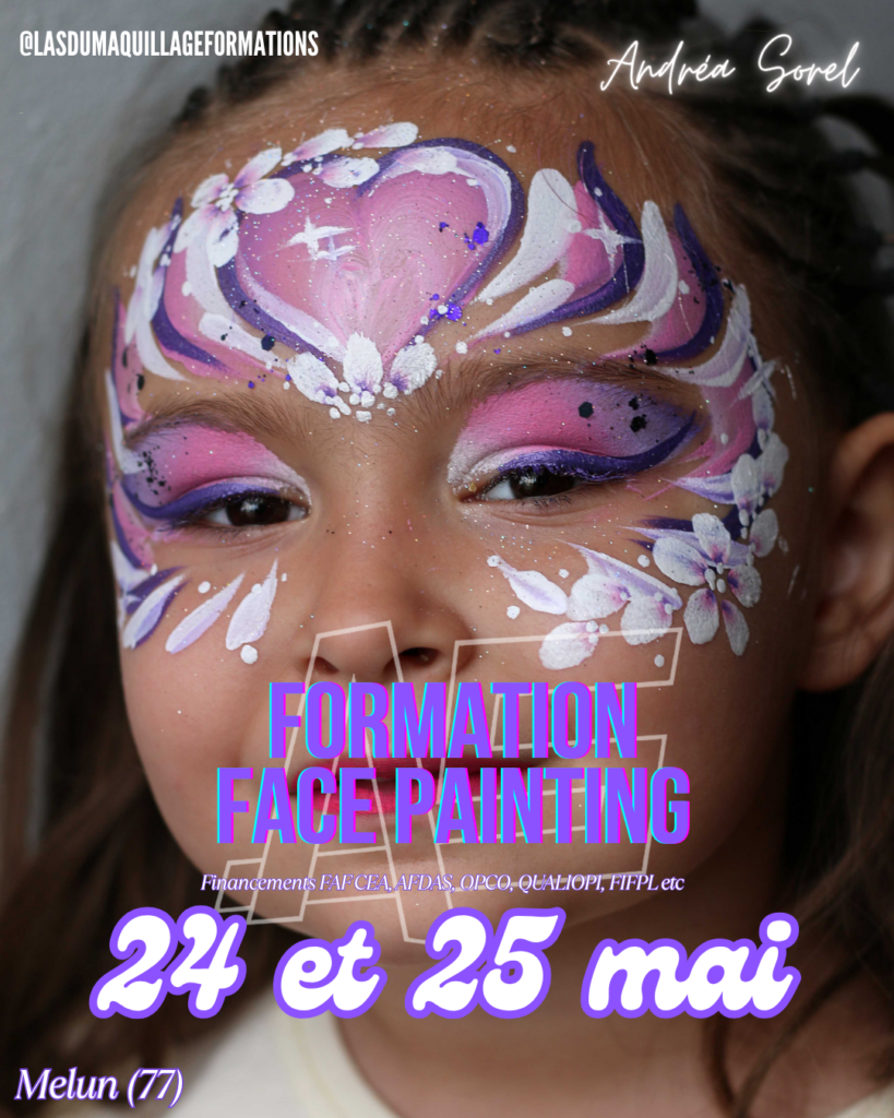 Présentation de la formation de face painting de 2 jours à Melun (77) en Ile de France, finançable via l'OPCO, l'AFDAS, le FAF CEA etc